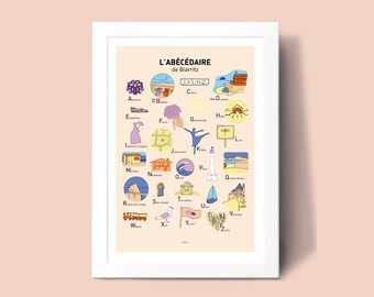 Affiche Abécédaire de Biarritz , Illustration poster A3 A4 pour décoration murale