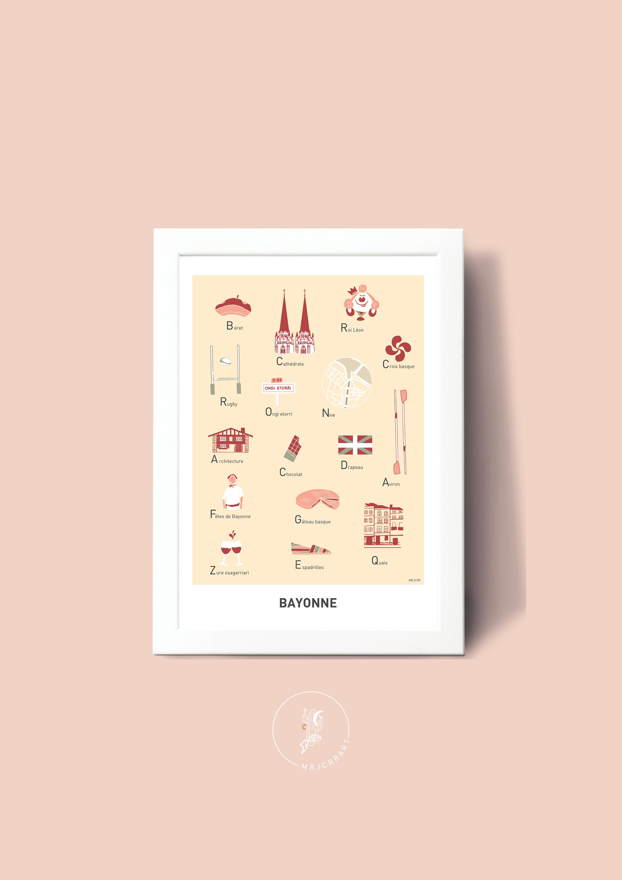 Affiche Bayonne Illustrée, Illustration Poster A3 A4 Pour Décoration Murale