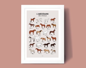 Affiche Abécédaire des chevaux , Illustration poster A3 A4 pour décoration murale