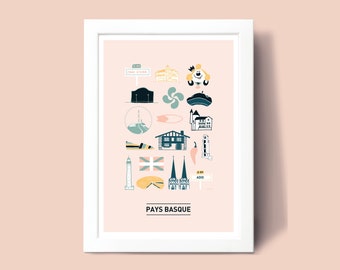 Geïllustreerde Baskenland poster, illustratie poster A3 A4 voor wanddecoratie
