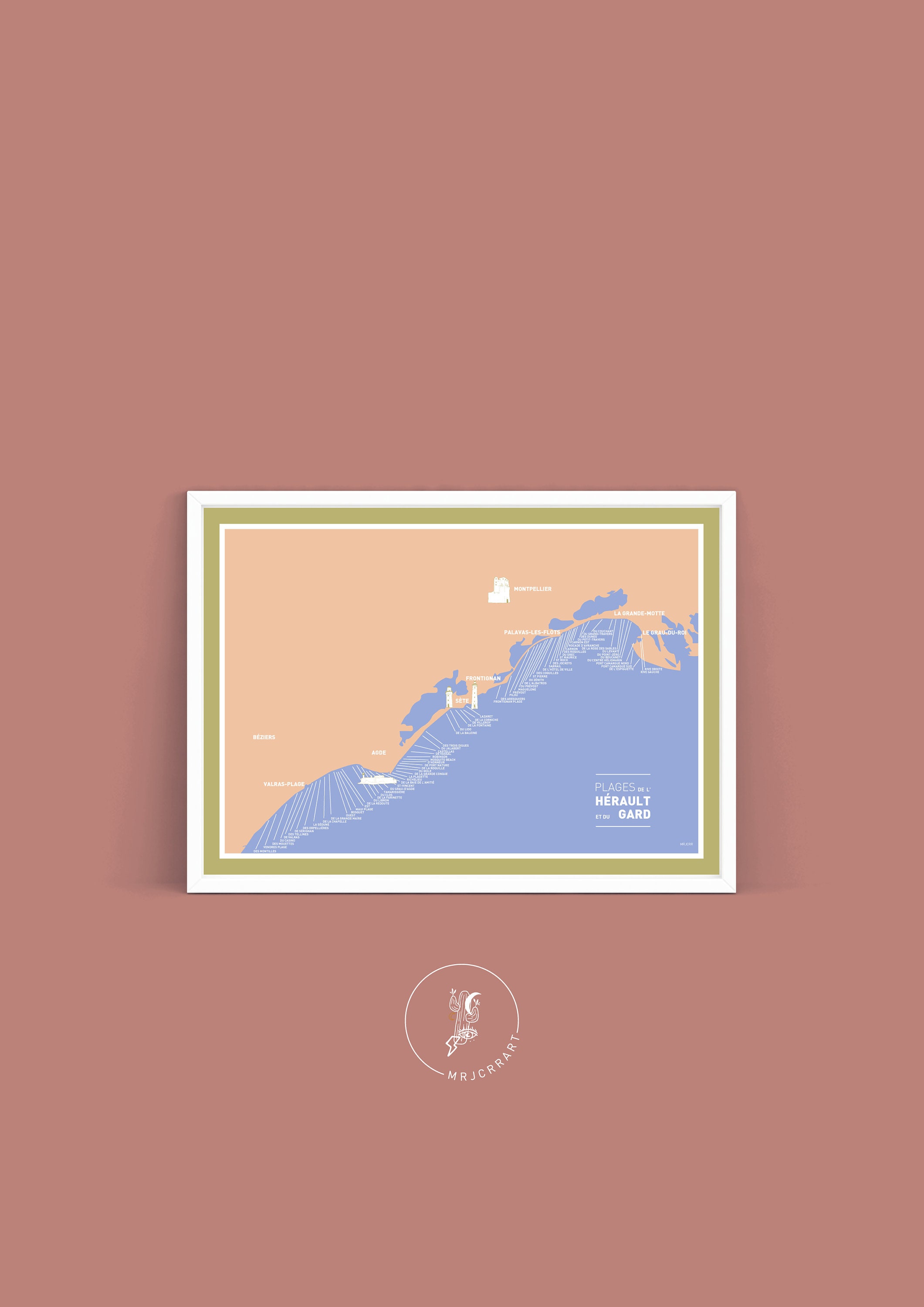 Affiche Carte Des Plages de L' Hérault et Du Gard , Illustration Poster A3 Pour Décoration Murale