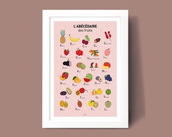 Affiche Abécédaire des fruits, Illustration poster A3 A4 pour décoration murale