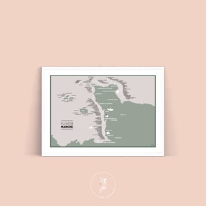 Affiche Carte des Plages de la Manche , Illustration poster A3 pour décoration murale