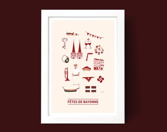 Affiche Fêtes de Bayonne, Illustration poster A3 A4 pour décoration murale