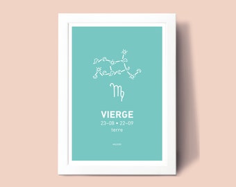 Affiche Vierge, signe astrologique , Illustration poster A3 A4 pour décoration murale