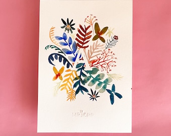 Peinture aquarelle originale monogramme lettre A et fleurs, pour décoration murale