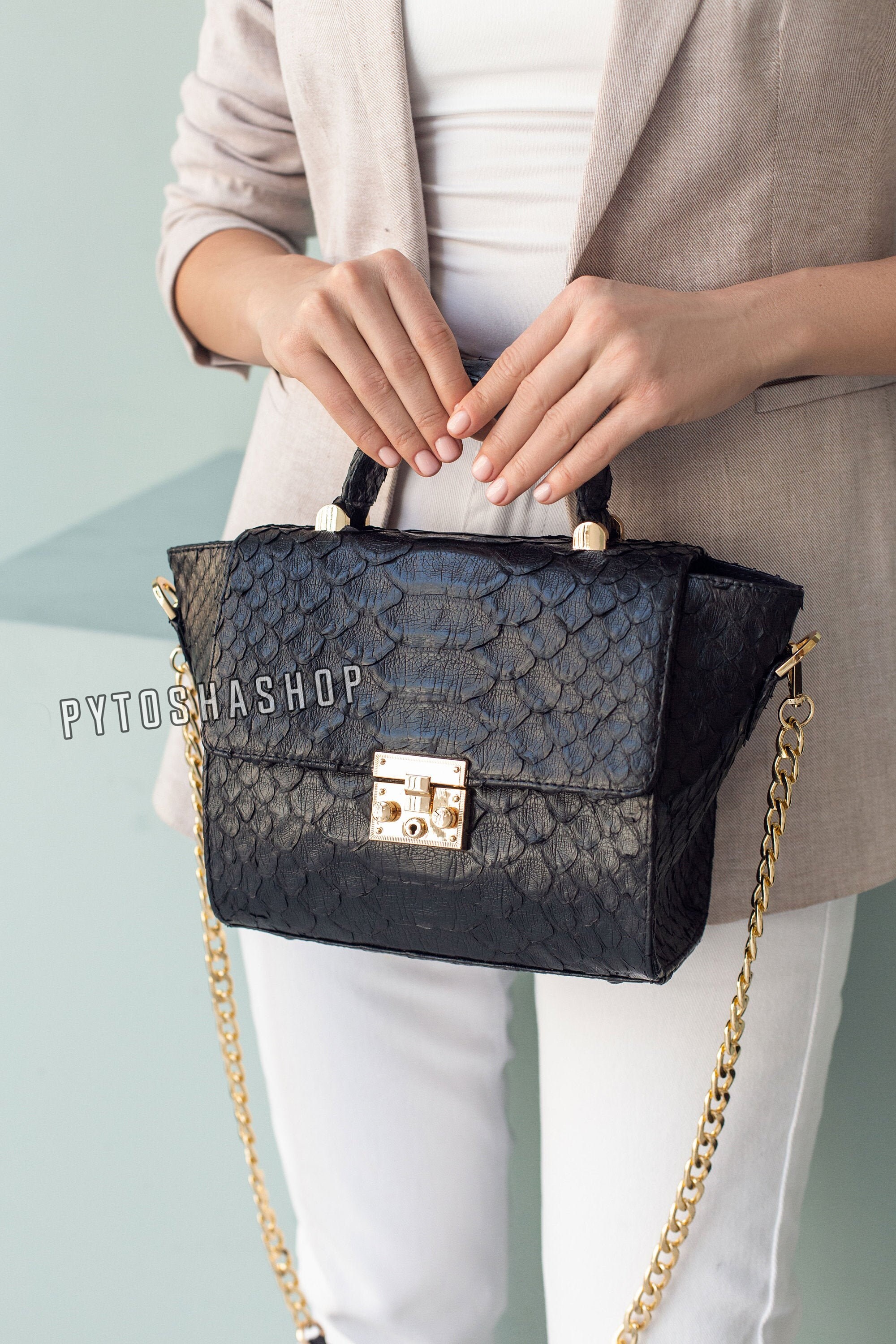 Snakeskin Black Purse With Gold Chain . Medium Crossbody Purse Etsy