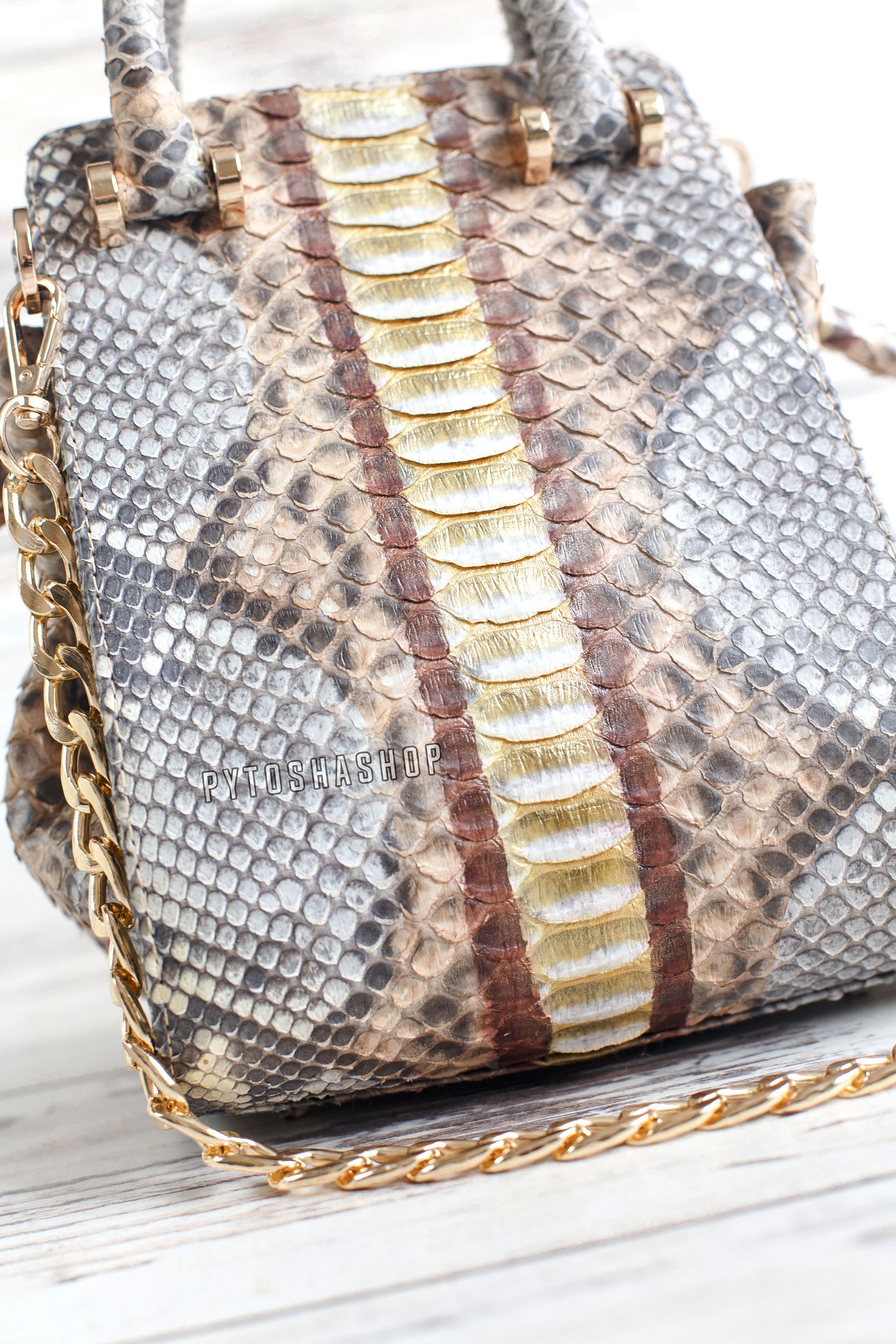 Elegant Small Drawstring bag in Gold Snake Leather. Luxury | Etsy