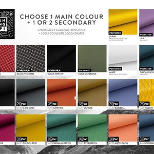 May include: Image showcasing fabric swatches in various colors and textures, including red, black, and olive green. The text reads "CHOOSE 1 MAIN COLOUR + 1 OR 2 SECONDARY". The brand logo is in the top left corner.