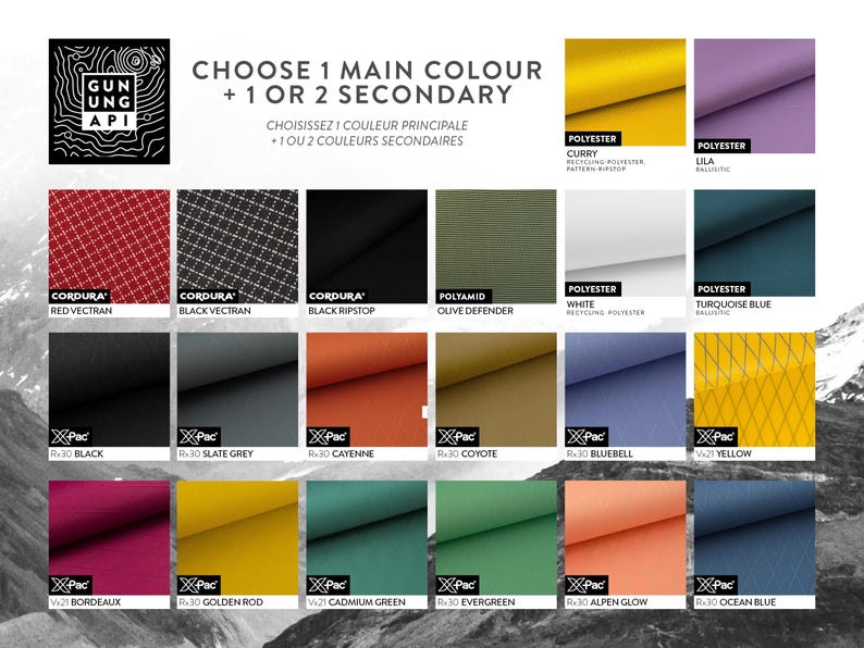 May include: Image showcasing fabric swatches in various colors and textures, including red, black, and olive green. The text reads "CHOOSE 1 MAIN COLOUR + 1 OR 2 SECONDARY". The brand logo is in the top left corner.