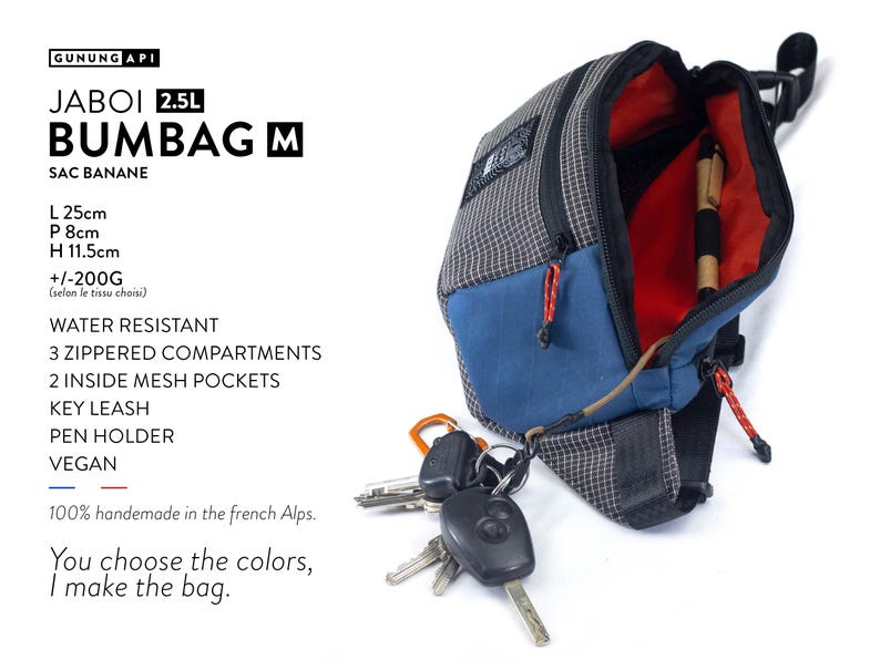 May include: A gray and blue bum bag with a red interior, featuring a key leash and pen holder. The bag is water-resistant and has three zippered compartments. The text on the bag reads "JABOI 2.5L BUMBAG M".