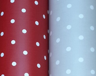 Coated cotton - oilcloth from England, PVC coated, 130 cm wide, light gray and red with white dots