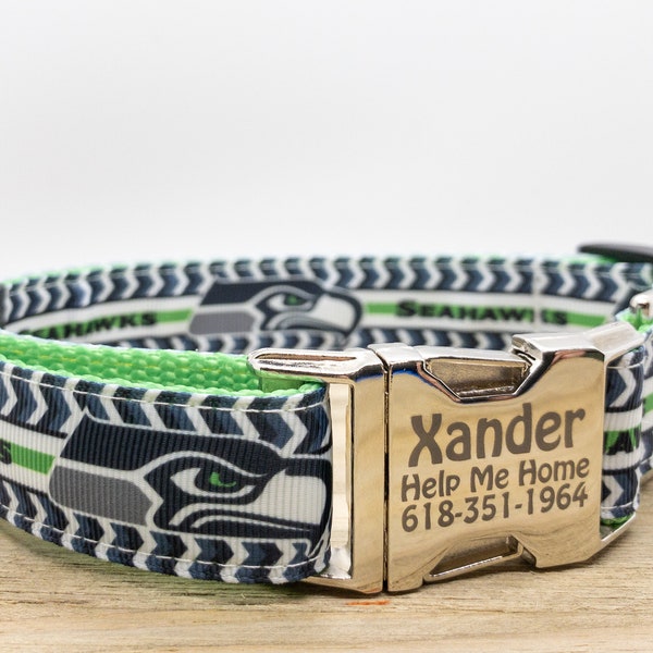 Seattle Seahawks Dog Collar - Personalized Metal and Plastic Buckles - Chevron Style  - 12th Man - Handmade in the USA - Ships Very Fast!