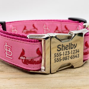 Pink STL Cardinal's Dog Collar - Personalized Metal and Plastic Engraved Buckles - Go Red Birds! - Hand made in the USA - Quick Shipping