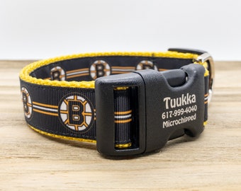 Boston Bruins Dog Collar - Behind the B - Personalized Metal and Plastic Buckles - Laser Engraved - Handmade in the USA - Fast Shipping!