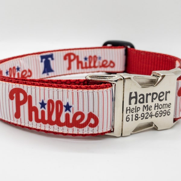 Philadelphia Phillies Dog Collar - "The Phils" - Metal and Plastic Engraved Buckles - #RingTheBell - Made in the USA - Fast Shipping!