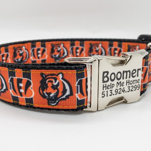 Cincinnati Bengals Dog Collar - Laser Engraved Buckles - Orange and Black - Fast Shipping - Stripe Hype - Made in the USA - Great Gift!