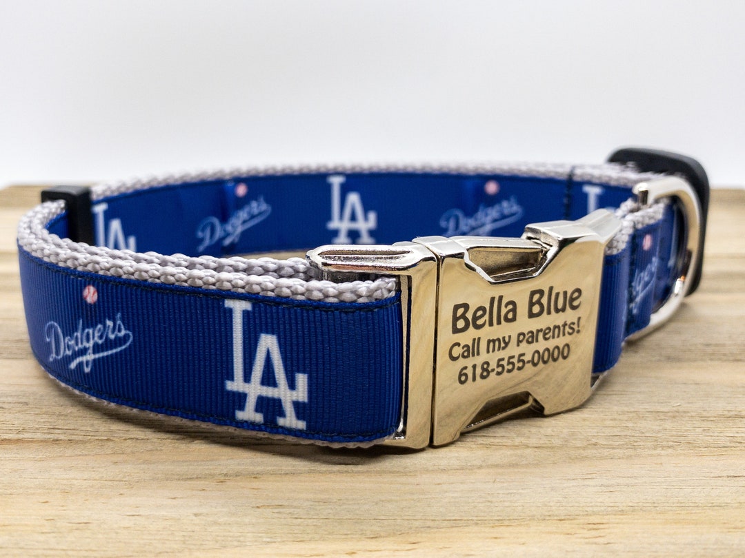 White on Blue LA Dodgers Dog Collar Plastic and Metal Engraved Buckles