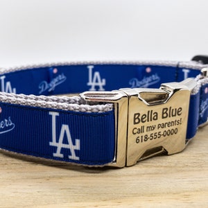White on Blue LA Dodgers Dog Collar - Plastic and Metal Engraved Buckles - True Blue LA -Fast Shipping - Handmade in the USA