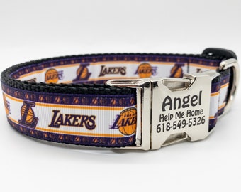 Los Angeles Lakers Dog Collar - Laser Engraved Metal and Plastic Buckles - 17 X NBA Champs! - Fast Shipping - ShowTime! - Made in the USA