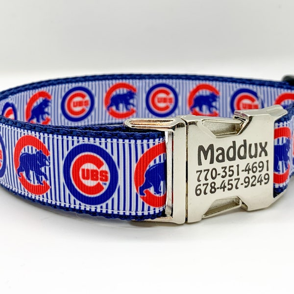 Chicago Cubs Dog Collar - Laser Engraved Metal and Plastic Buckles - Ivy Wall - Adjustable Hardware - "Fly the W!" - USA Made - Ships Fast!