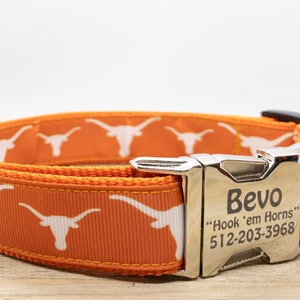 Texas Longhorns Dog Collar - Hook 'em Horns - Personalized Engraved Plastic and Metal Buckles - Austin Texas - Made in the USA - Ships Fast!