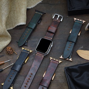 Italian Vegetable tanned Cowhide leather Watch Band Fit for Apple watch Series Ultra 9, 8, 7, 6, 5, 4, Choice of adapters and buckle color