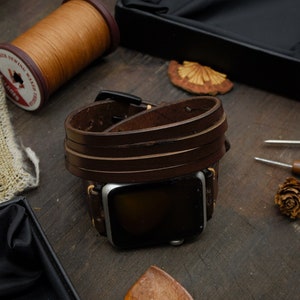 Brown Leather Double Wrap Bracelet Watch band fit for Apple watch Series Ultra, 9 8 7 6 5 4 3 SE, Choice of adapters and Steel Buckle Color