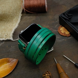 Leather Double Wrap Apple Watch band for Series Ultra 9 8 7 6 5 4 3 2  SE 38mm 40mm 41mm 42mm 44mm 45mm / Italian Vegetable Cowhide leather