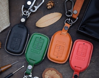 Leather Smart Key Fob Cover, Holder fit for Accord Civic CR-V, Crv, Pilot EX EX-L Touring Premium 5 buttons Smart key remote