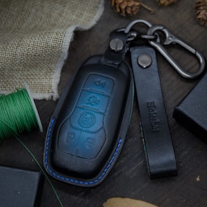 Leather Key Fob Cover Case fit for Mustangs ( 2015 - 2017), MKZZ, MKCC 5 Buttons Smart Key, Personalized name tag