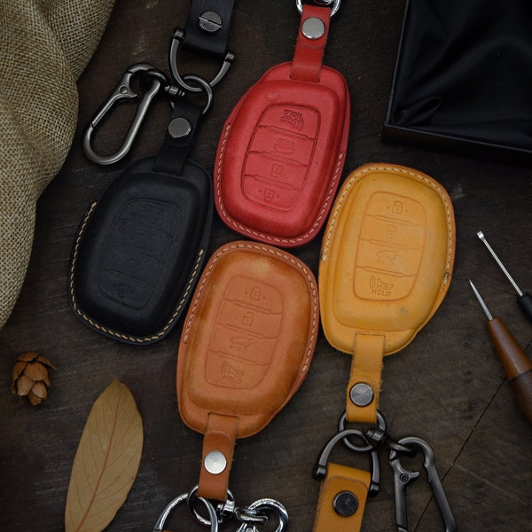 Étui porte-clés intelligent en cuir, support de télécommande sans clé de protection 4 boutons pour Elantra Sonata Tucson, gaufrage des initiales, cuir PUEBLO