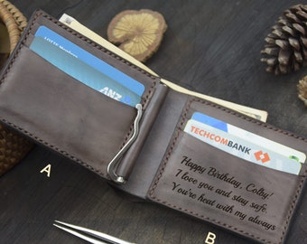 Mens Leather Money Clip, Men’s  wallet, Personalized leather wallet, Personalized leather bifold wallet for men, Boyfriend gift,