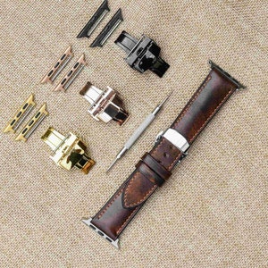 Leather Apple watch band Ultra, SE, 41mm, 40mm, 44mm, 42mm, 38mm, with Steel Butterfly Clasp Silver, Space Gray, Rose Gold, Gold