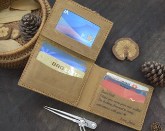 Personalized Leather Trifold Wallet with ID Card - Handmade Mens Gift