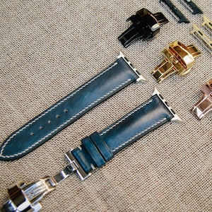 Leather Apple watch band  Series Ultra, SE, 9, 8, 7, 6, 5, 4 with Steel Butterfly Clasp, Italian Veg tanned leather