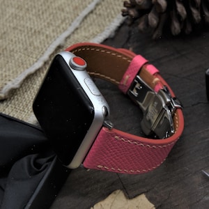 Pink Epsom Calf leather Apple watch band  Ultra, 44mm, 42mm, 41mm, 38mm, Choice of adapters and Steel Butterfly Clasp Color
