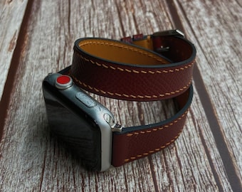 Epsom Calf Leather Double Wrap Watch Band Fit for Apple watch Ultra, SE, 45mm, 44mm, 42mm, 41mm, 40mm, 38mm, Zermatt leather for the lining