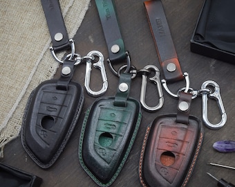 Leather Key Fob Cover fit for Series 3 5 6 7 Series M5 X1 X2 X3 X5 X5M X6 X6M Key, Car Remote Key Case Pouch Bag with Key Ring