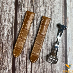 Gold Alligator Leather Watch strap, Used With Deployment Clasp, With quick-release spring bars, Choice of Width, Choice color Buckle