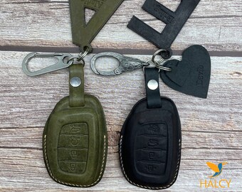 Leather Smart Key Fob Cover, Protector Keyless Remote Holder 4 Buttons for Elantra Sonata Tucson, Initials embossing, PUEBLO leather