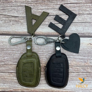 Leather Smart Key Fob Cover, Protector Keyless Remote Holder 4 Buttons for Elantra Sonata Tucson, Initials embossing, PUEBLO leather