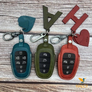 Leather Key Fob Cover fit for Nexo, Santa Fe, Sonata, Tucson (2019- 2022), Initials embossing