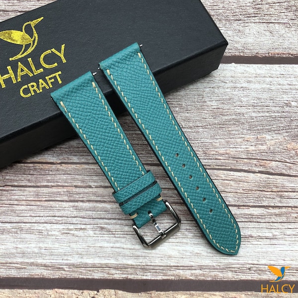 Bracelet de montre en cuir de veau d'Epsom turquoise avec barrettes à dégagement rapide, largeur au choix, couleur de la boucle au choix