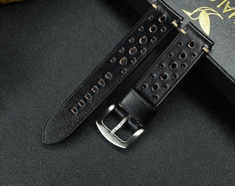 Black Leather Watch strap, Choice of Width, Choice color Buckle with quick-release spring bars, Italian Vegetable tanned Cowhide Leather