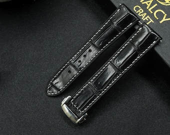 Cinturino per orologio in pelle di alligatore nero, larghezza a scelta, con chiusura pieghevole, pelle Zermatt per la fodera