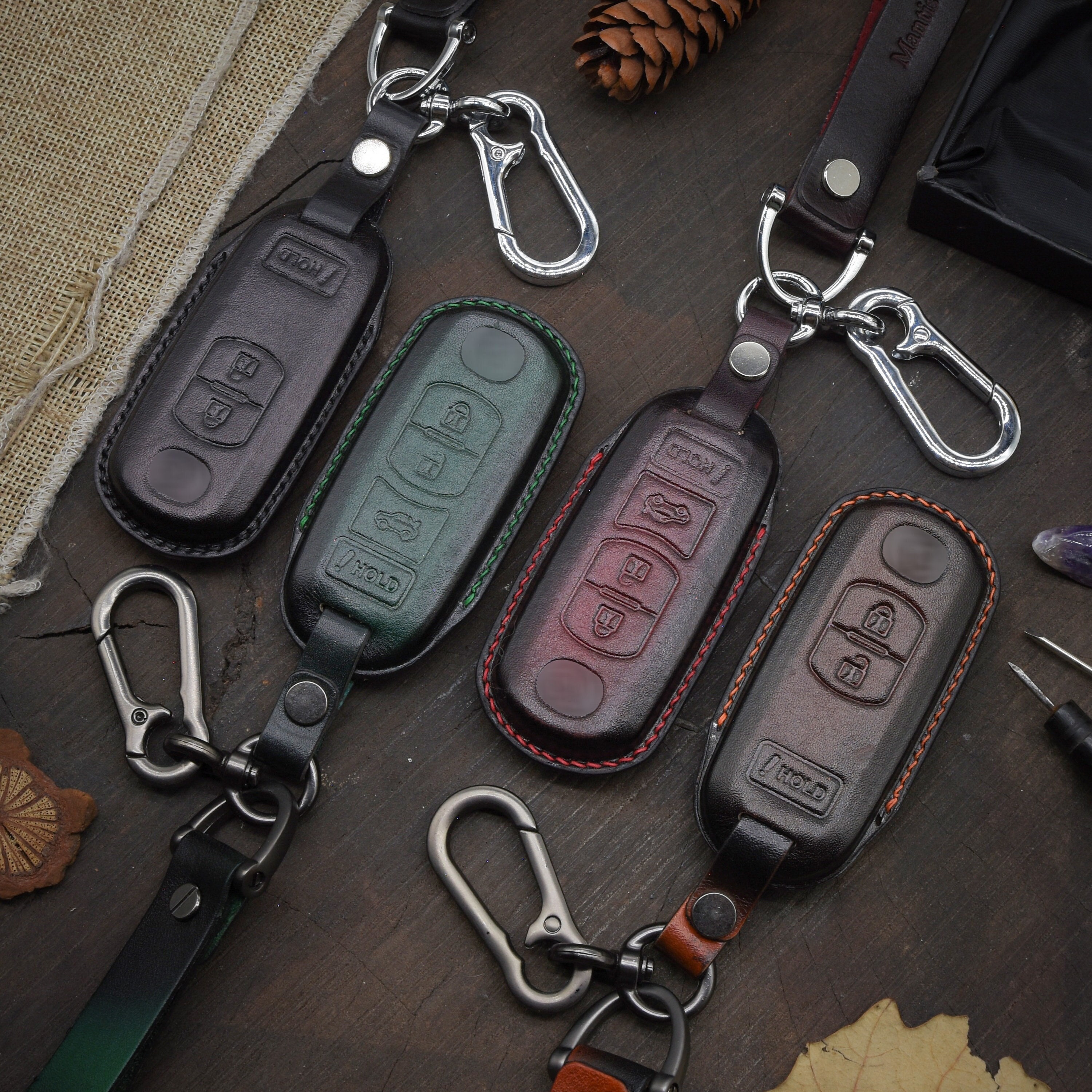 Leather Key Fob Cover for (2016- 2019) 4 Buttons CX-5, CX-9, MX-5 Miata, Personalized Keychain