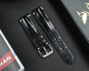 Cinturino per orologio in pelle di alligatore nero, perni curvi a sgancio rapido, scelta della larghezza, fibbia a scelta del colore, pelle Zermatt per la fodera