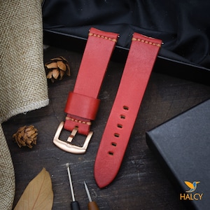 Red Leather Watch strap, Choice of Width, Choice color Buckle with quick-release spring bars, Italian Vegetable tanned Cowhide Leather