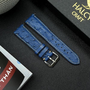 Blue Ostrich leather Watch strap, Choice of Width, Choice color Buckle, Zermatt leather for the lining